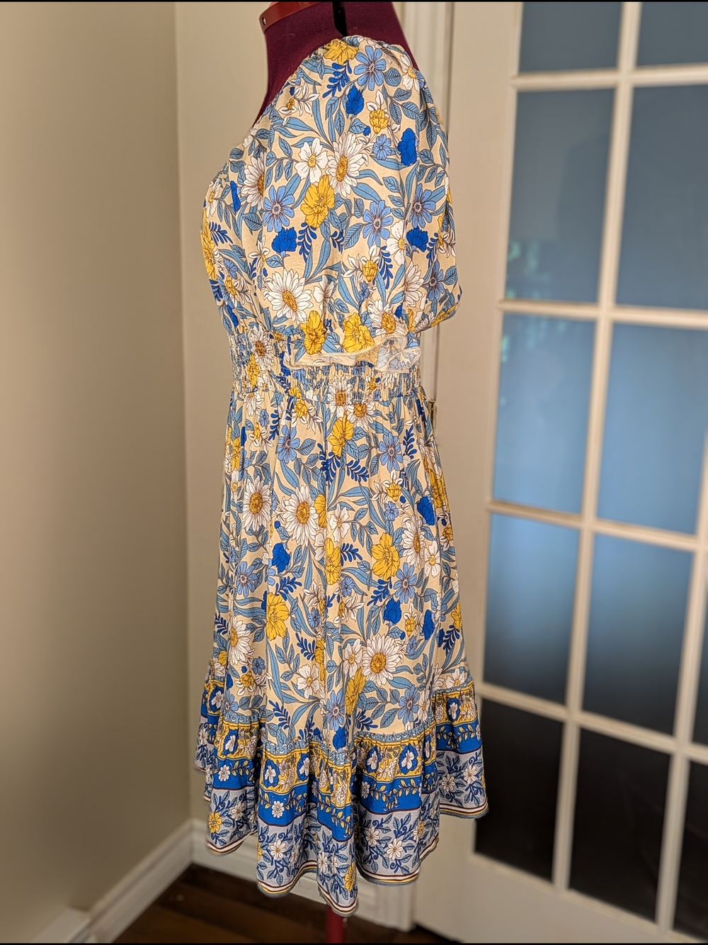 Blue and Yellow Floral Midi Dress with Puff Sleeves - Picture 3 of 5